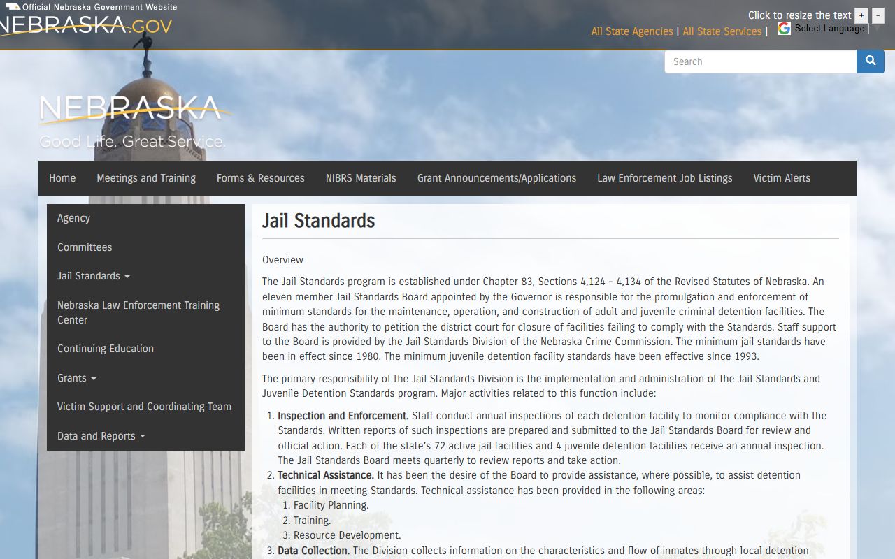 Nebraska jail standards page for Polk County inmate population oversight